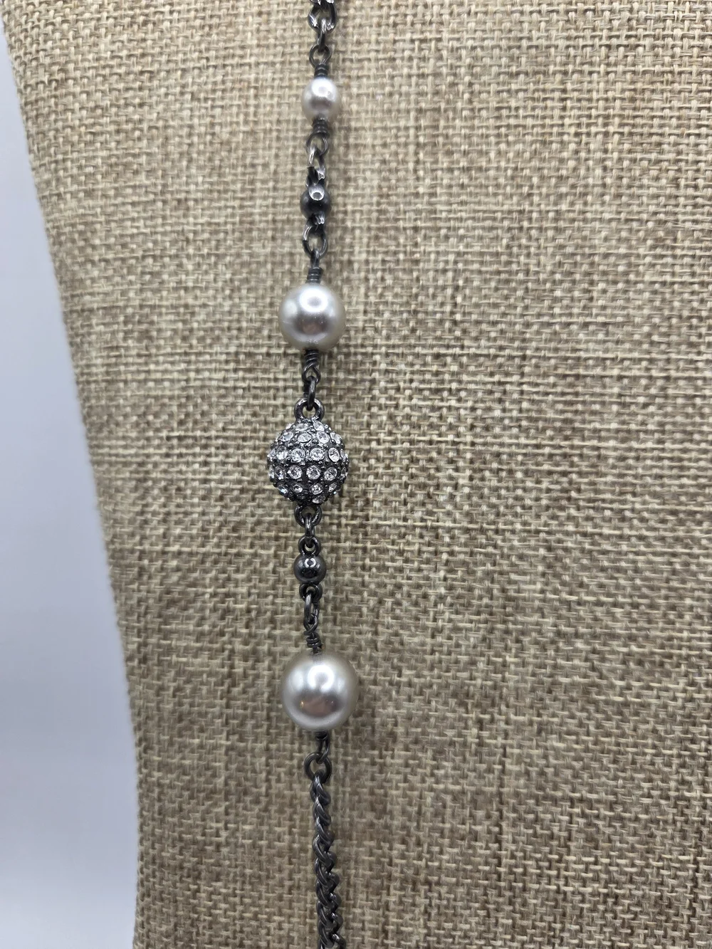 1598. J. Crew White Pearl and Gunmetal Bead Long Necklace
